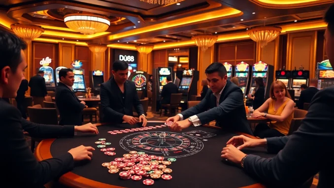 Exciting casino atmosphere featuring du88 gaming tables with vibrant poker chips and cards.