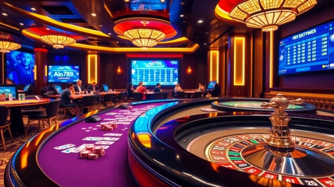 Alo789 players engaging in vibrant casino games with colorful chips and cards on display.