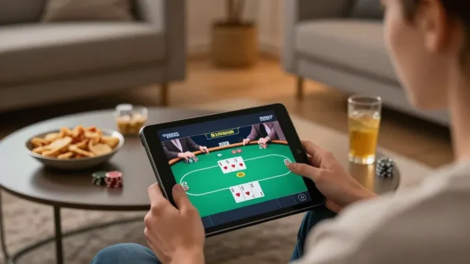 Engage in online gaming at https://play-hbet.com/ with a person enjoying a live poker game at home.