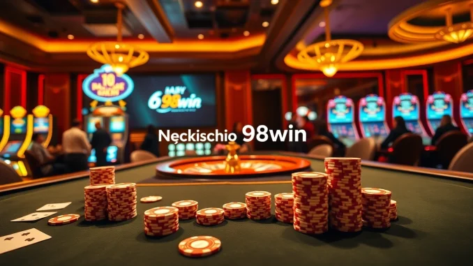 Experience the thrill of Nhà cái 98win at a vibrant casino table with poker chips and cards.