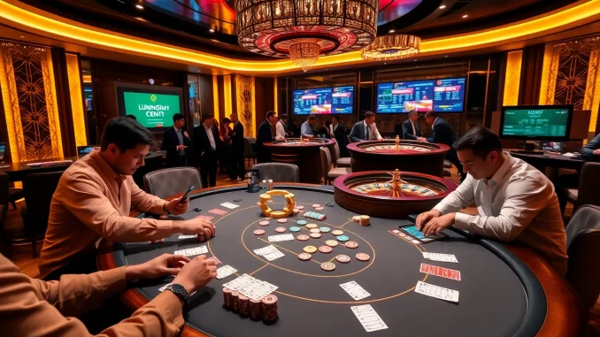 Exciting poker game scene at Luongsontv showcasing vibrant chips and engaging players.