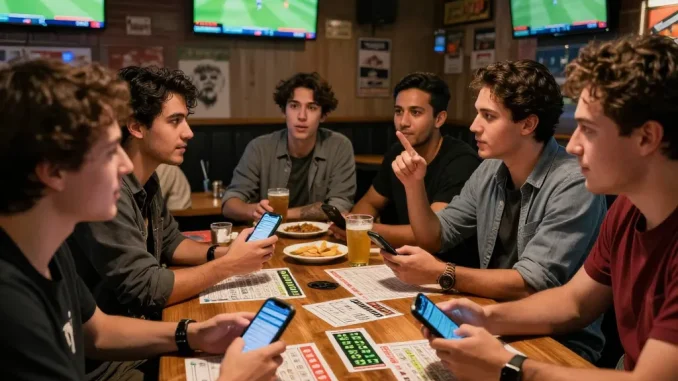 Engaged friends analyzing kèo nhà cái 5 at a vibrant sports bar with live broadcasts.