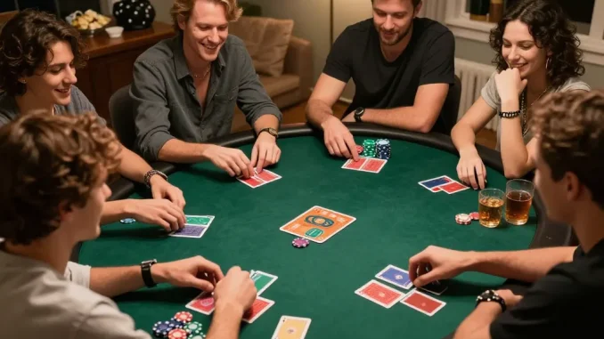 Friends enjoy a lively poker game at home, using c1688 strategies to enhance their play and social bonding.