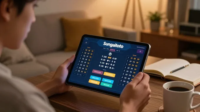 sungaitoto login interface displayed on tablet in a cozy home gaming environment.