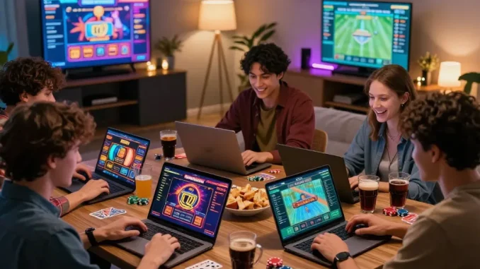 Enjoying an online gaming session with friends at https://rikbet.in.net/ showcasing vibrant casino games.
