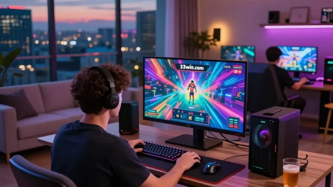 Player enjoying immersive gaming experience on 33win.com in a modern living room.