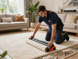 Expert carpet fitter installing luxurious carpet in a modern living room, showcasing carpet fitting services West London.