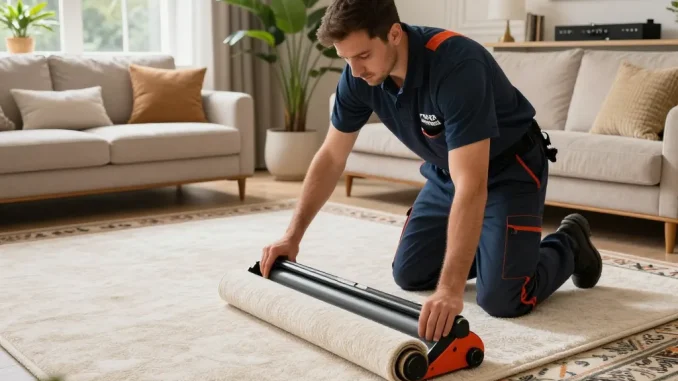 Expert carpet fitter installing luxurious carpet in a modern living room, showcasing carpet fitting services West London.