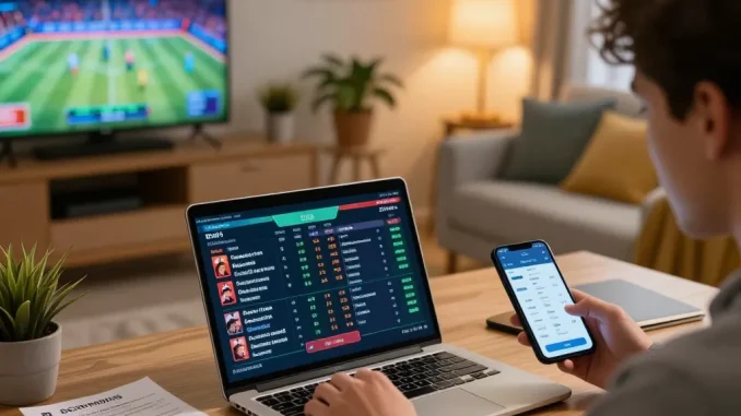Engaged bettor analyzing odds on keonhacai from a cozy home office, illustrating strategic online gambling.