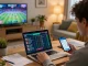 Engaged bettor analyzing odds on keonhacai from a cozy home office, illustrating strategic online gambling.