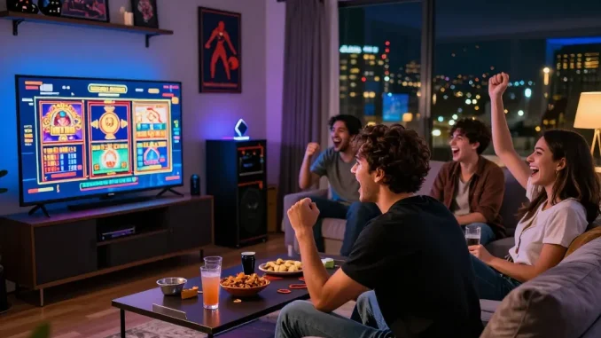 Friends enjoying tg88 live casino games at home, vibrant screens, snacks, and cozy atmosphere.