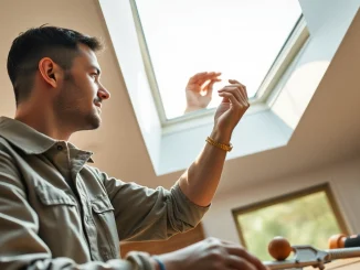 Expert Velux repairs being conducted by a technician in a well-lit modern home.