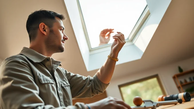Expert Velux repairs being conducted by a technician in a well-lit modern home.