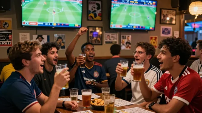 Cheering fans analyzing kèo bóng đá odds in a lively sports bar during a football match.