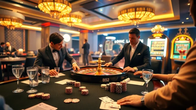 B52 casino scene with elegant poker table and high stakes gaming accessories.