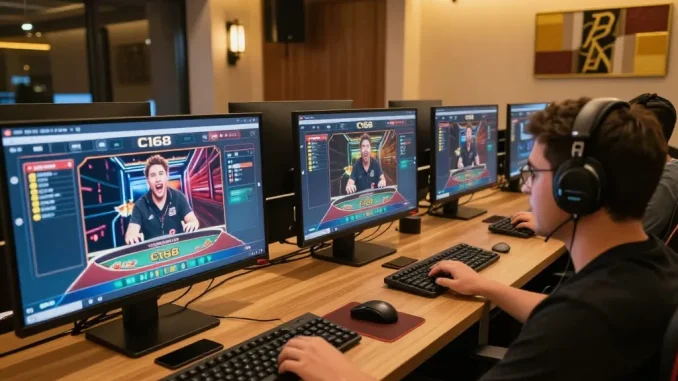C168 online gaming experience with engaging live dealer session showcased on multiple screens