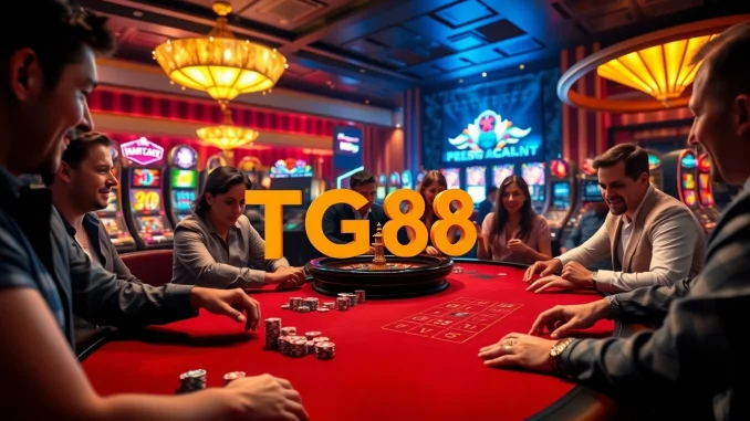 Exciting casino atmosphere with players enjoying TG88 poker games at a luxurious table.