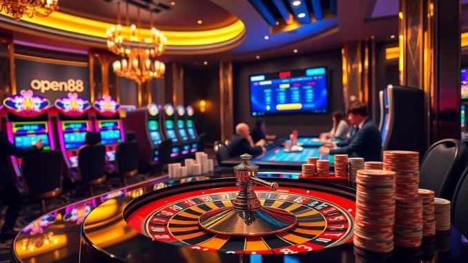 Experience the excitement of open88 with engaging casino elements like roulette and poker chips.
