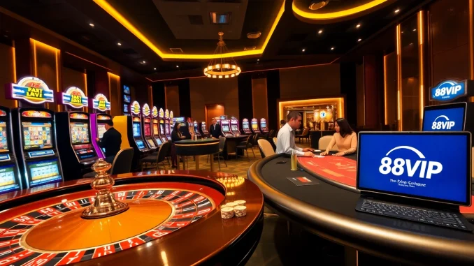 Engaged players at Nhà Cái 68VIP with casino tables and vibrant slot machines.