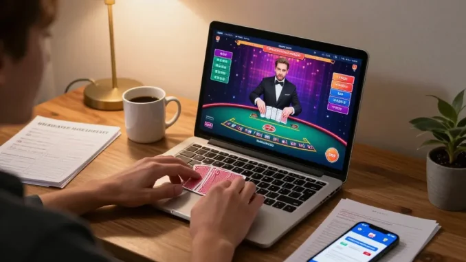 Engaging in live dealer blackjack on 789WIN's online platform, with a cozy gaming setup.