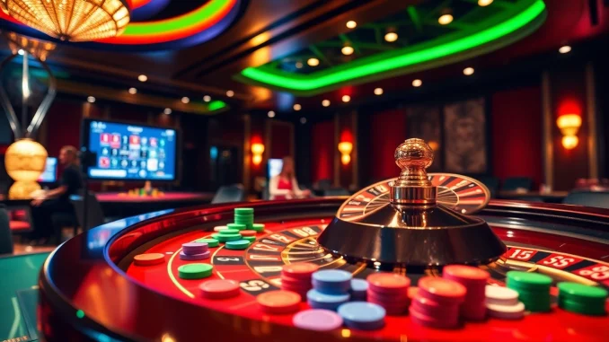 Experience the excitement at win55 club with poker chips and a spinning roulette wheel.