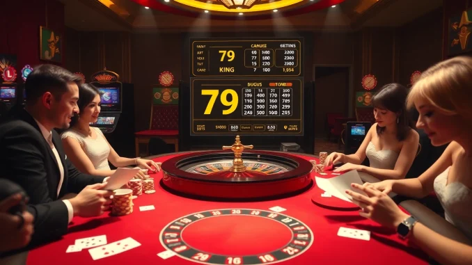 Experience the thrill of 79KING at a luxurious casino table filled with vibrant poker chips and cards.
