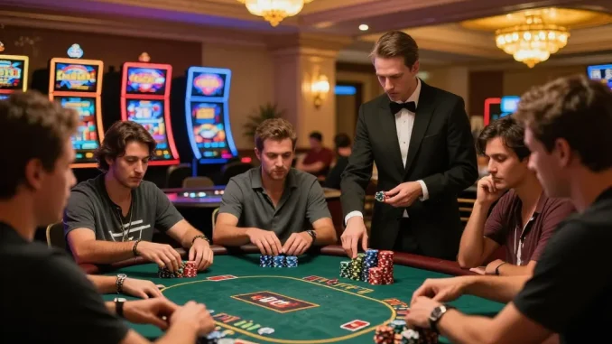 KP88 players enjoying poker at a vibrant casino table surrounded by chips and excitement.