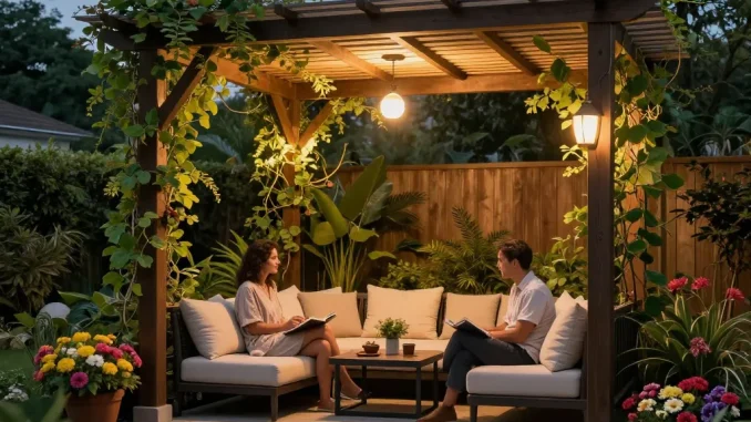 Couple enjoying evening under a 3D pergola in a lush backyard garden.