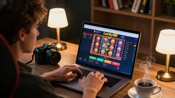Engaged player exploring lucky88 online casino interface with vibrant slots in cozy gaming setup.