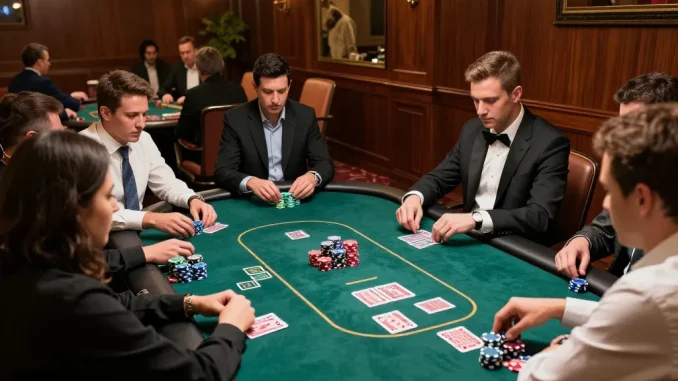 3Bet players strategizing in an upscale poker game with chips stacked high.
