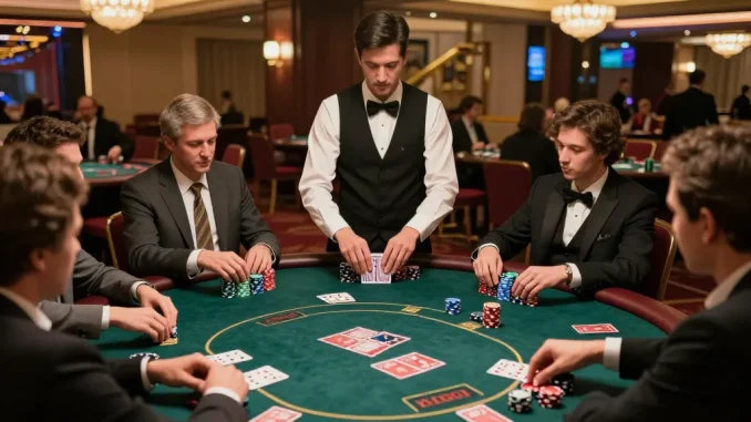 C168 poker table action with players placing bets and dealer distributing cards in a luxurious casino setting
