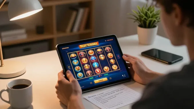 Engage in the latest slot terbaru gameplay while strategizing at home with tablet and notes.