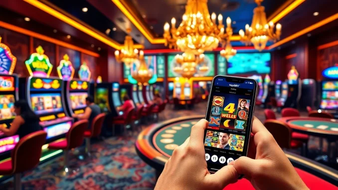 Experience the thrill of gambling with mega888.apk on a smartphone amidst vibrant casino visuals.