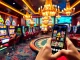 Experience the thrill of gambling with mega888.apk on a smartphone amidst vibrant casino visuals.