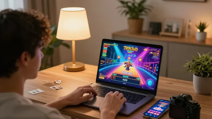 Playing on 789club online casino while relaxing in a cozy home environment, showcasing game excitement