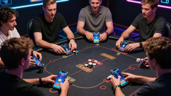 Players engaging in strategic poker gameplay on SHBET .COM with dynamic phone app interfaces visible.