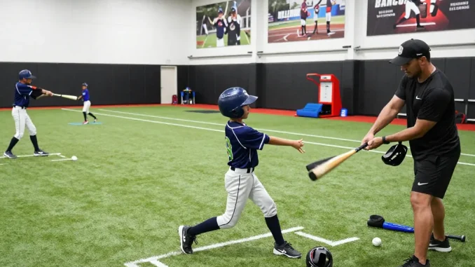 Youth baseball training at Hitclub with coach demonstrating techniques and players practicing in a well-lit indoor facility.