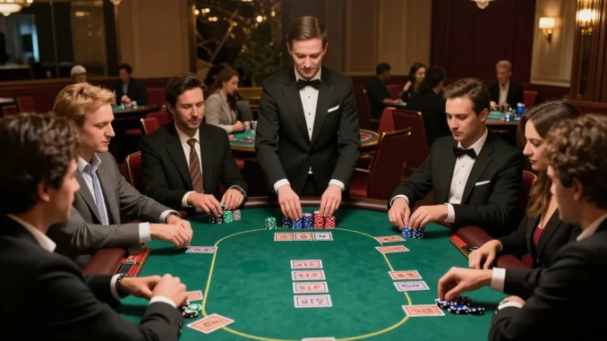 Players strategizing in a vin88 poker game at a luxury casino table, reflecting high stakes.