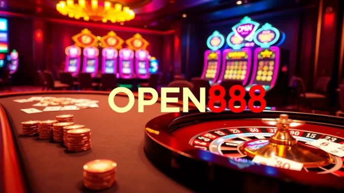 Engaging OPEN88 casino scene showcasing gaming excitement with roulette and slot machines.