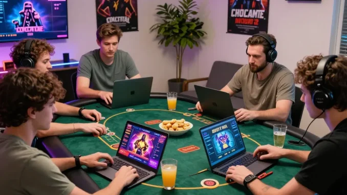 Players enjoying online games at https://gem88.com.mx/ in a vibrant home setup.