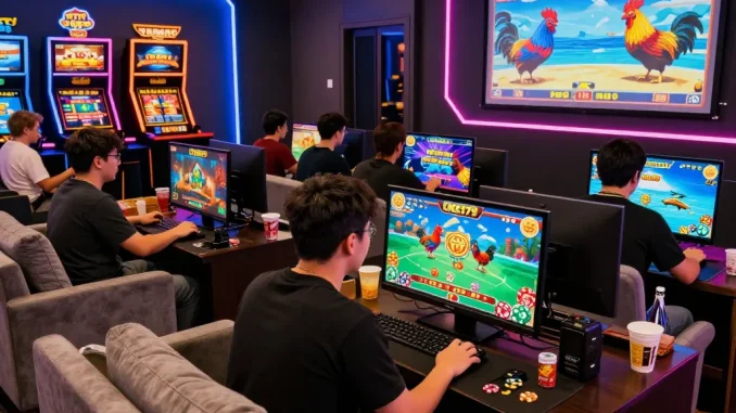 Exciting OKE179 online gambling experience with players enjoying Thomo chicken fights and casino games in a vibrant setting.