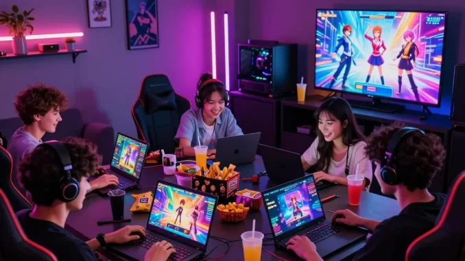 Friends enjoying interactive porn games in a lively gaming lounge filled with neon lights and laptops.