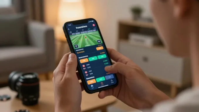 23win user placing bets on a smartphone, showcasing responsible gambling in a cozy setting.
