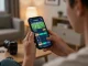 23win user placing bets on a smartphone, showcasing responsible gambling in a cozy setting.