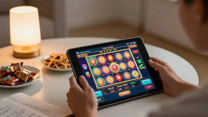 Engaged user enjoying online slot games at sc88.com on a tablet surrounded by snacks and strategic notes.