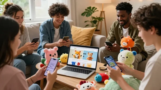 Group of friends exploring custom plushies in a cozy living room.