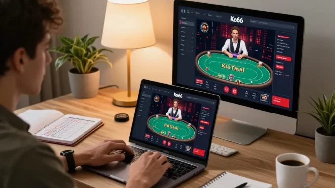 Player engaging in a live poker game on Ko66 platform from a stylish home office