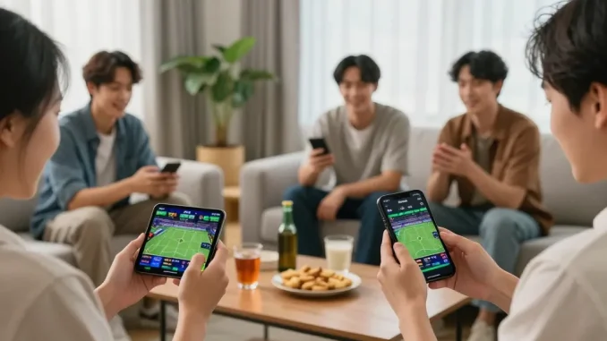 Engaged bettors using qq88 sports betting apps in a modern living room filled with excitement.