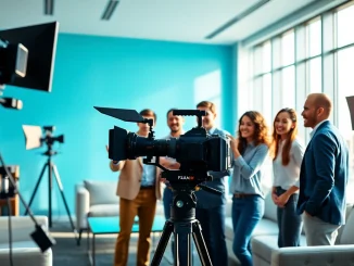 Showcasing corporate video production team collaborating with high-end equipment in a bright setting.
