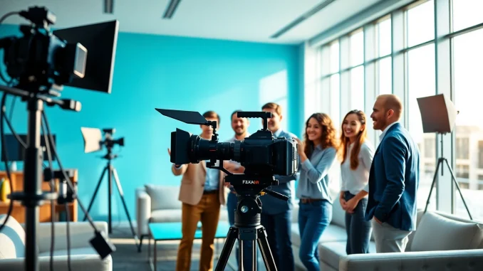 Showcasing corporate video production team collaborating with high-end equipment in a bright setting.